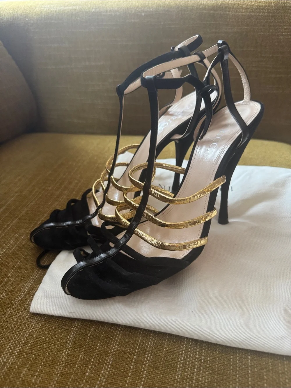 Nina Ricci Black and Gold Strappy T‑Bar Stiletto Sandals